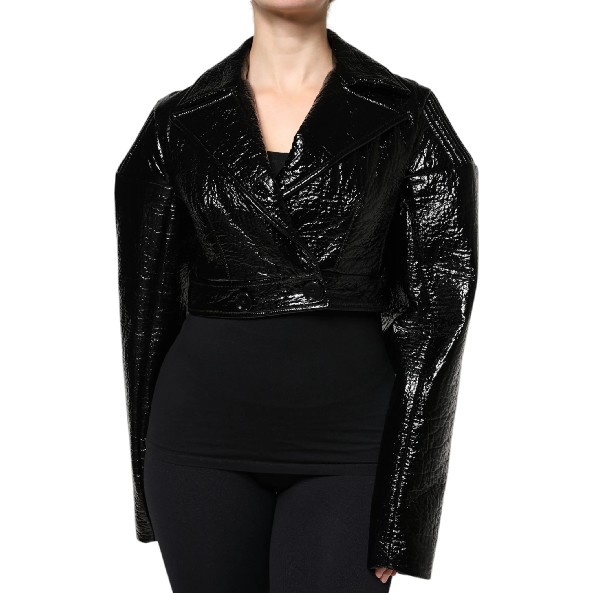 Black Leather Cropped Long Sleeve Coat Jacket