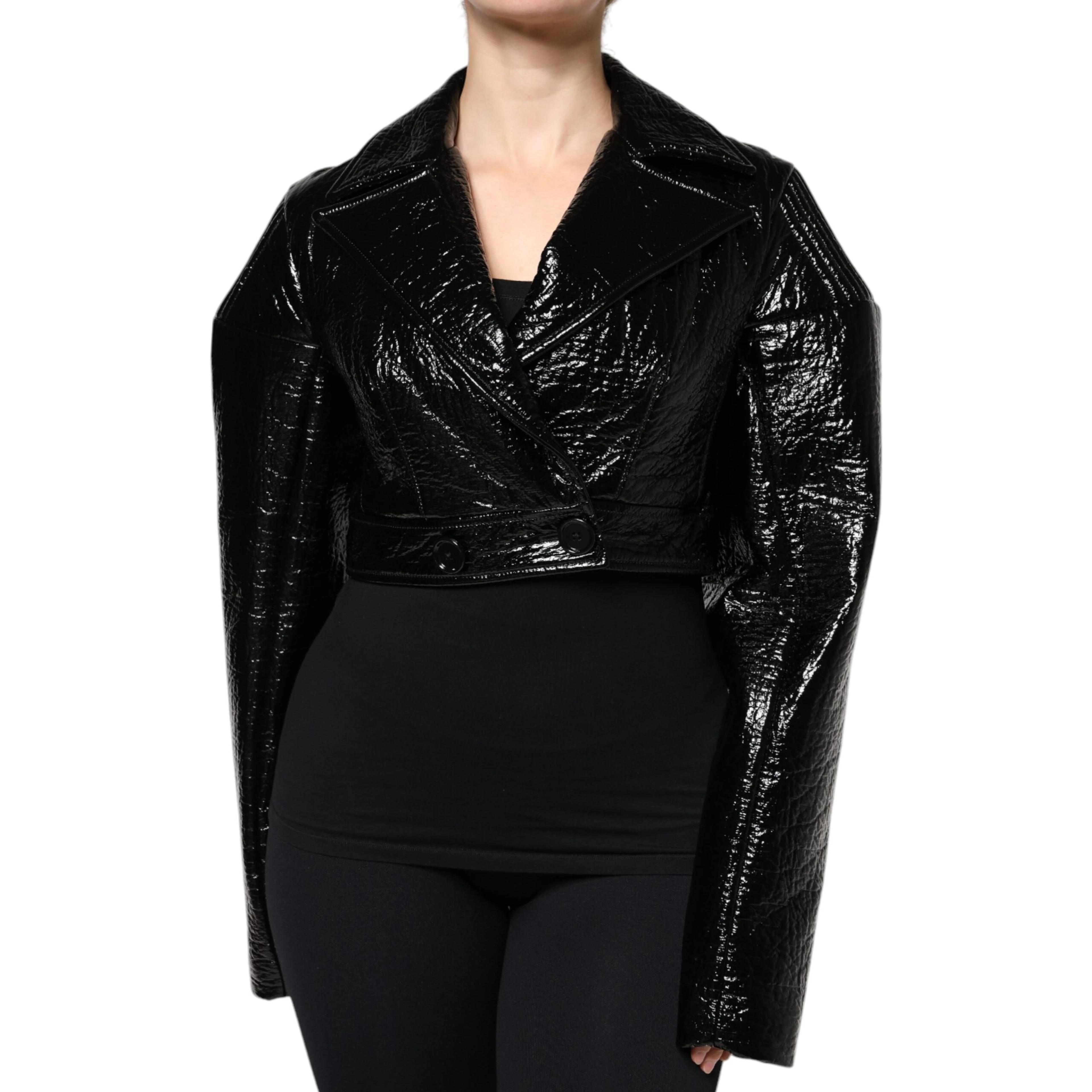 Black Leather Cropped Long Sleeve Coat Jacket