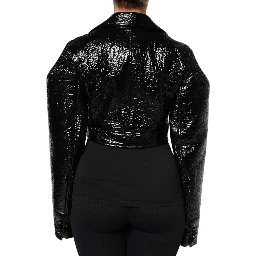 Black Leather Cropped Long Sleeve Coat Jacket