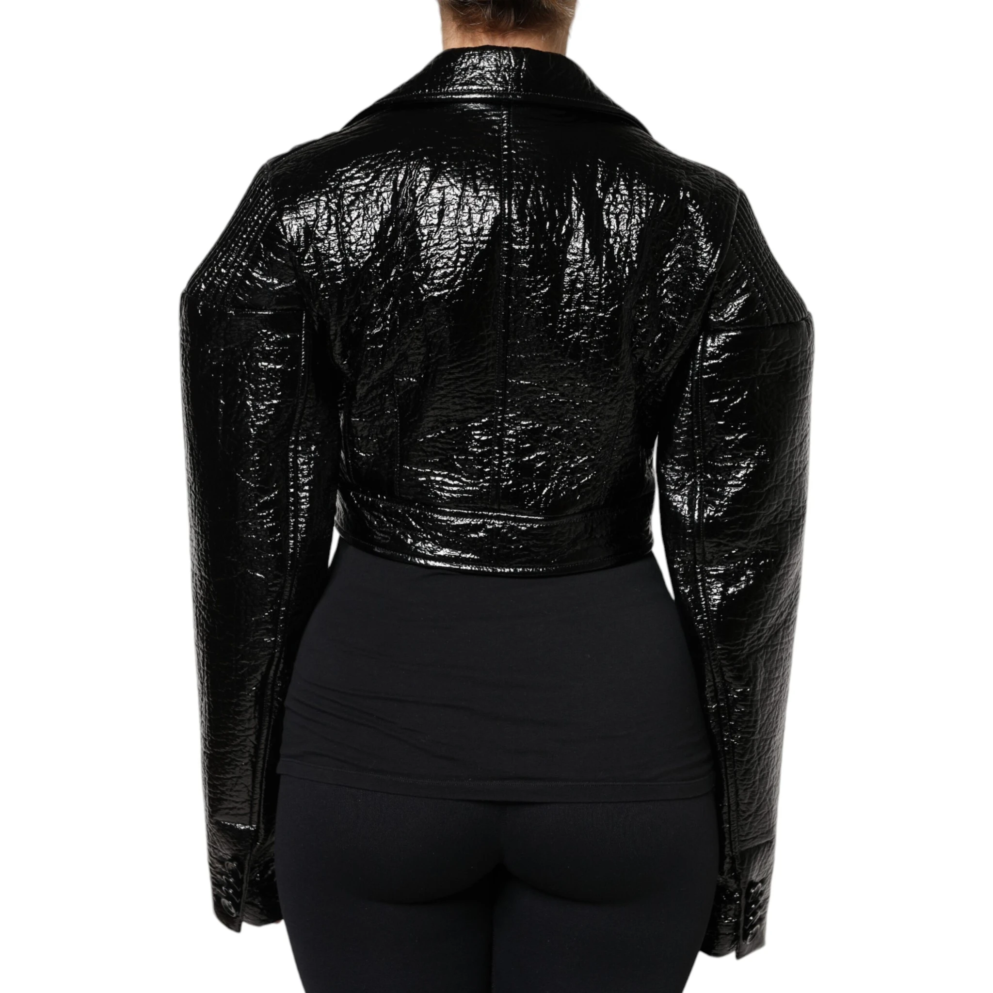 Black Leather Cropped Long Sleeve Coat Jacket