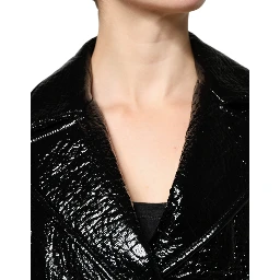 Black Leather Cropped Long Sleeve Coat Jacket
