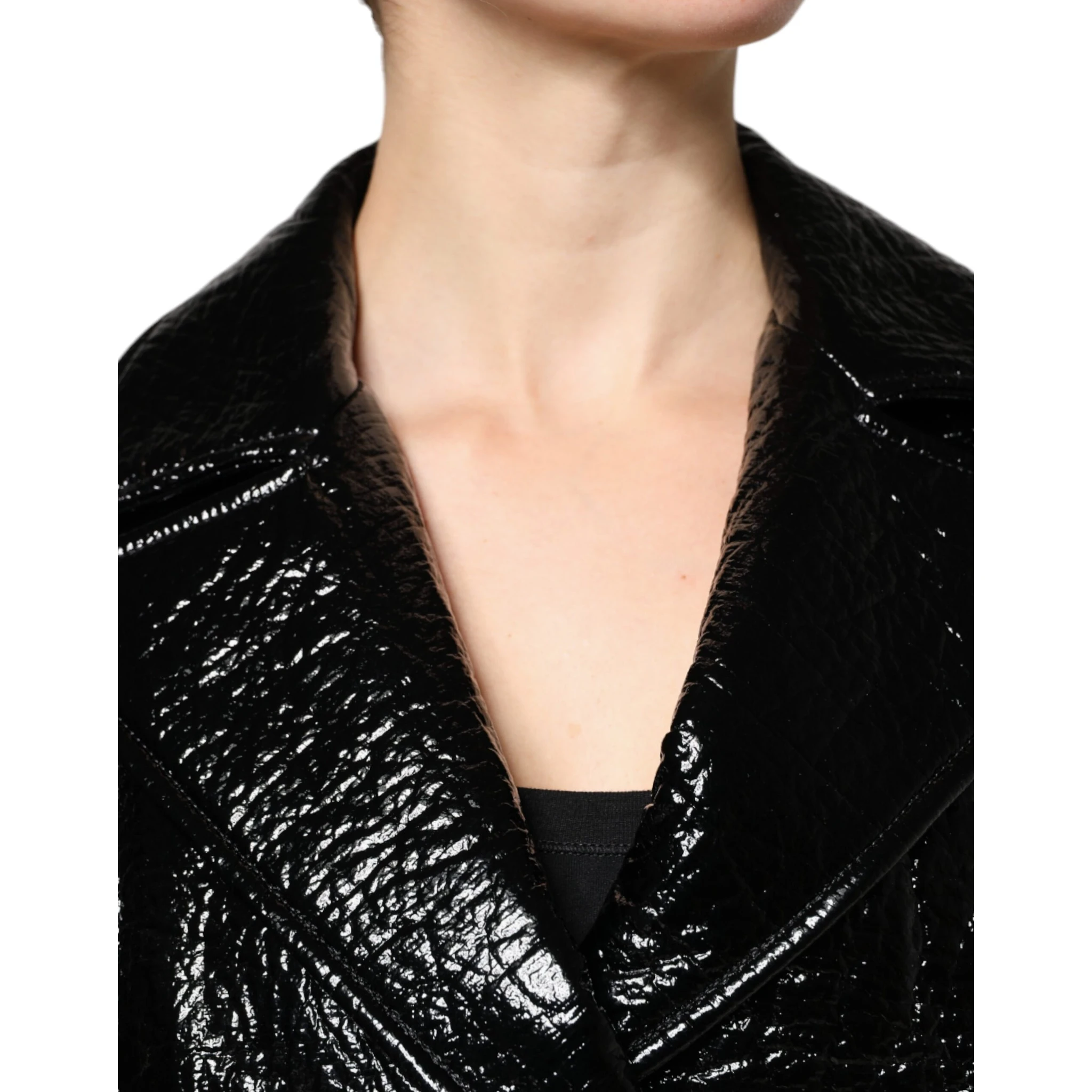 Black Leather Cropped Long Sleeve Coat Jacket