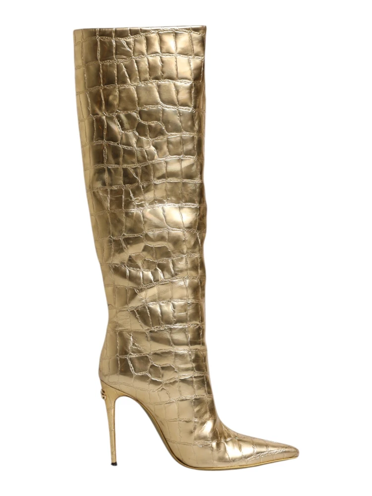 Gold Leather Stiletto Heels High Boots Shoes