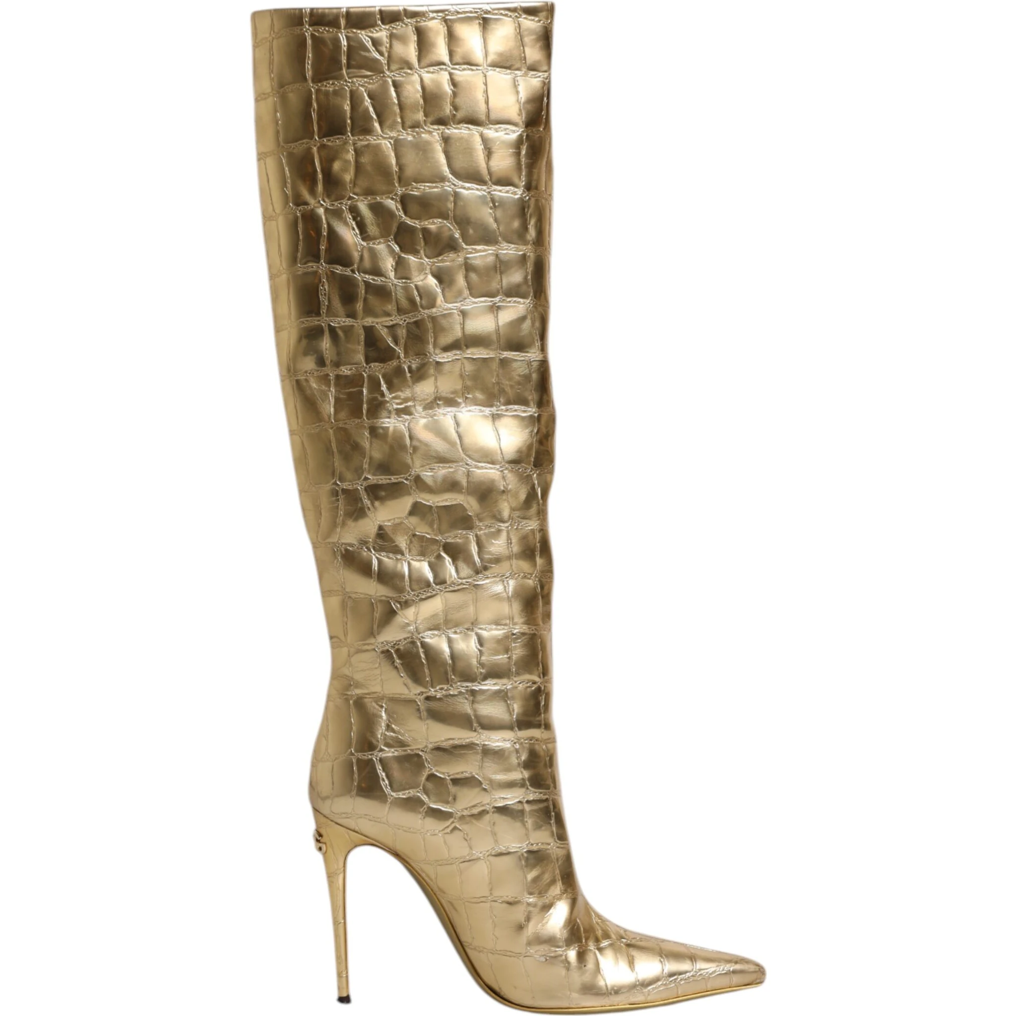 Gold Leather Stiletto Heels High Boots Shoes