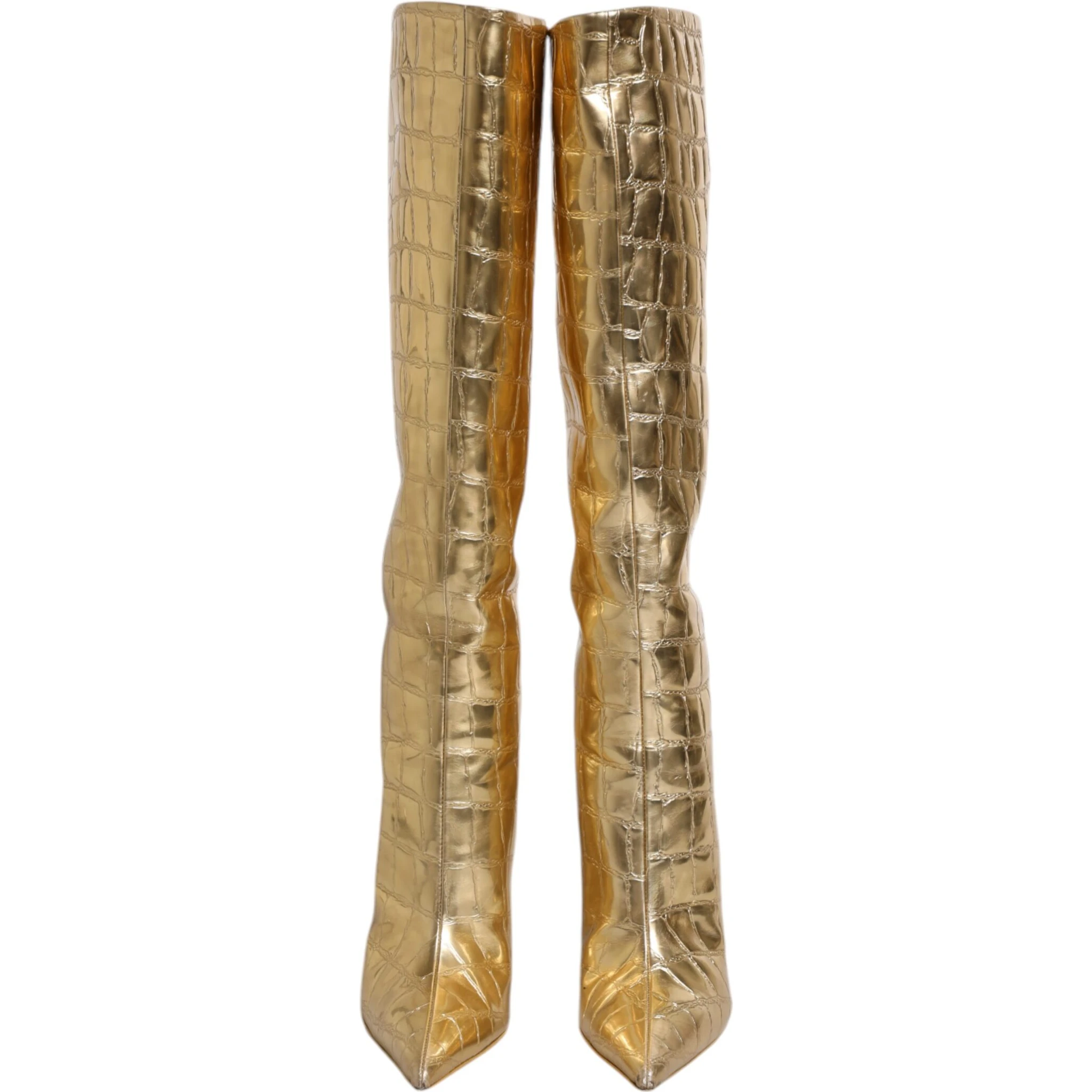 Gold Leather Stiletto Heels High Boots Shoes