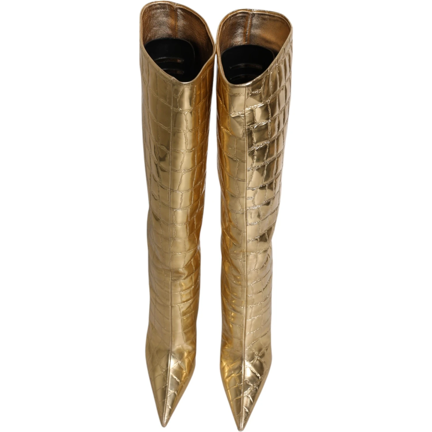 Gold Leather Stiletto Heels High Boots Shoes