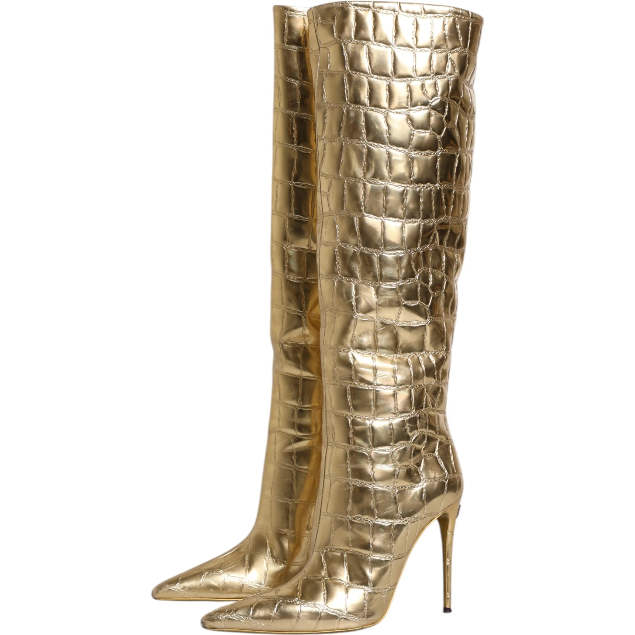 Gold Leather Stiletto Heels High Boots Shoes