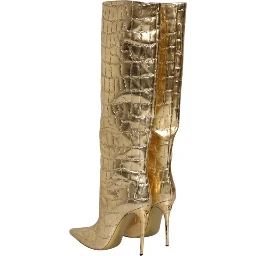 Gold Leather Stiletto Heels High Boots Shoes