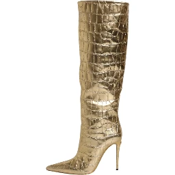 Gold Leather Stiletto Heels High Boots Shoes