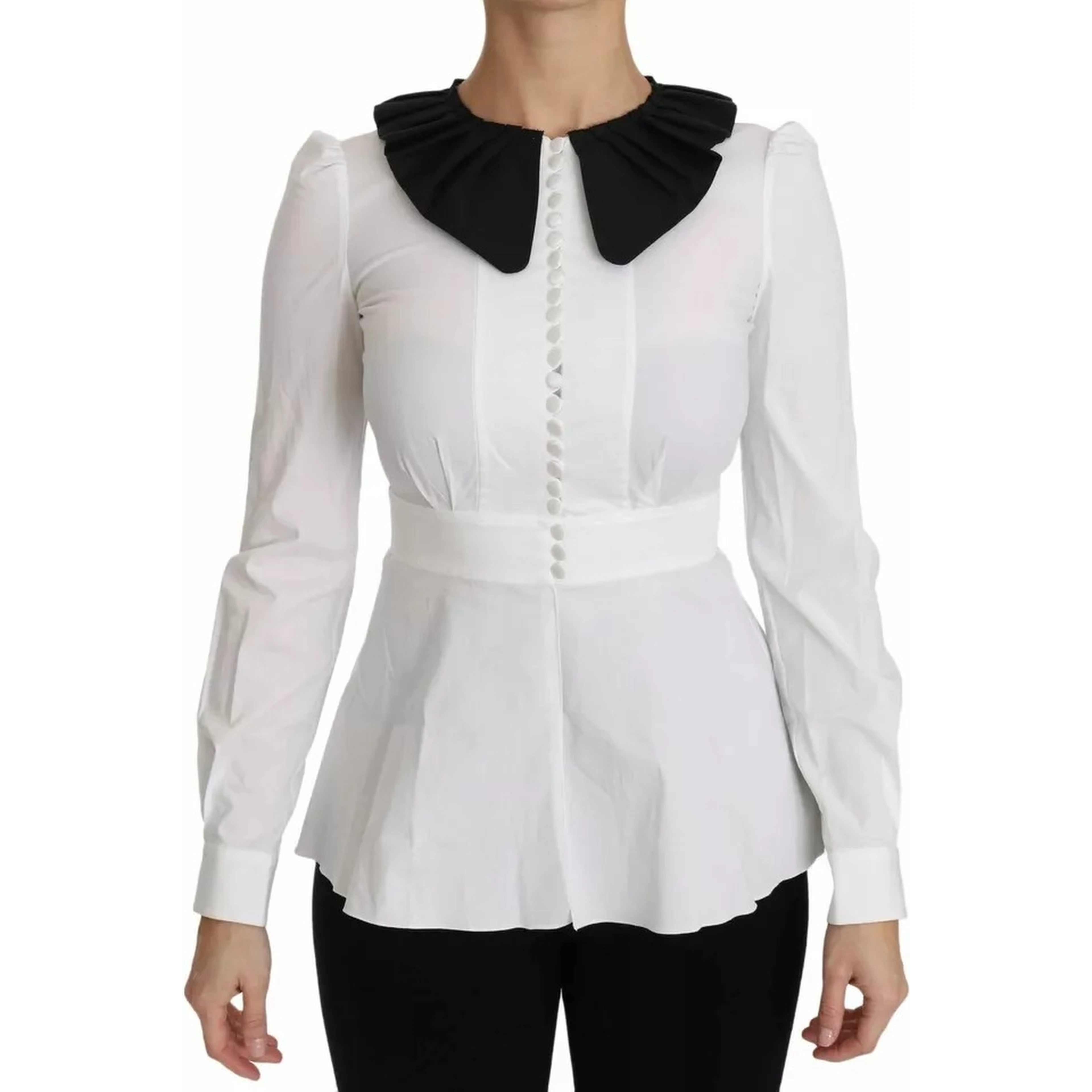 Black White Decorative Buttons Tops Shirt Blouse