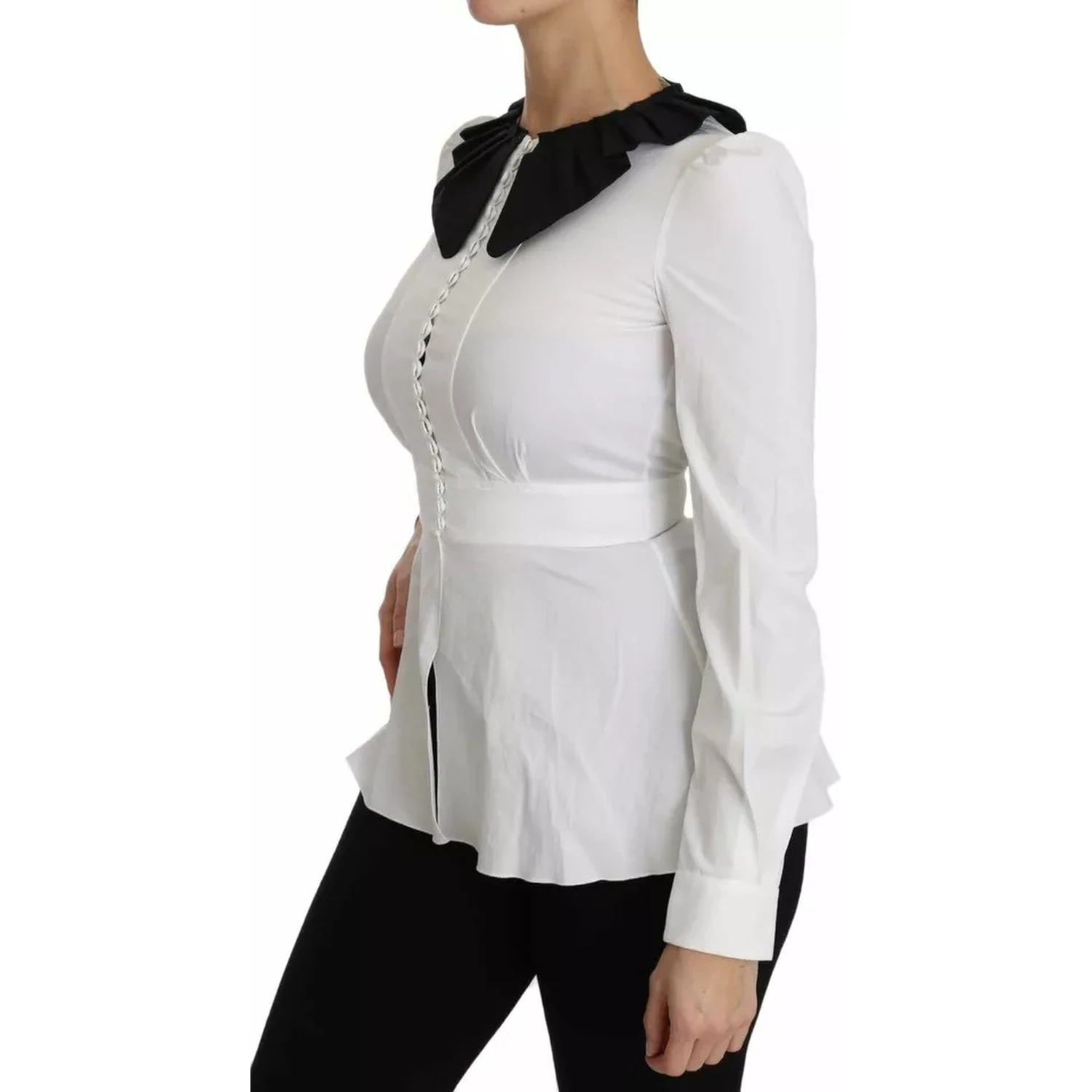 Black White Decorative Buttons Tops Shirt Blouse