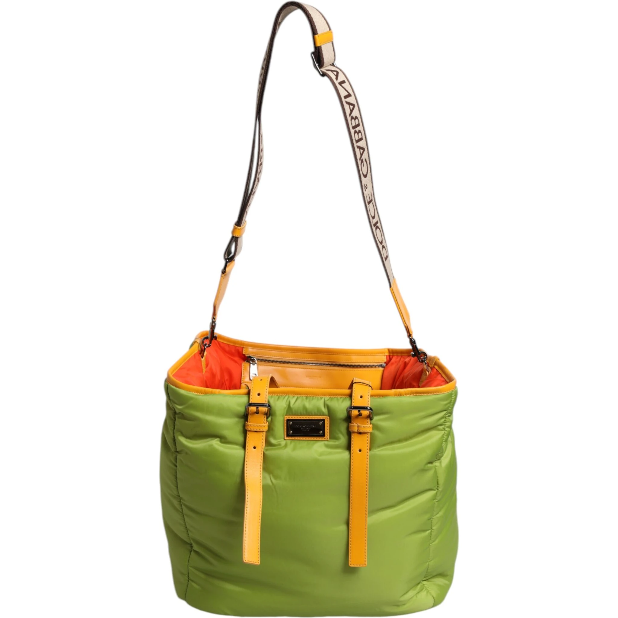 Green Nylon Padded Logo Plaque Tote Crossbody Bag