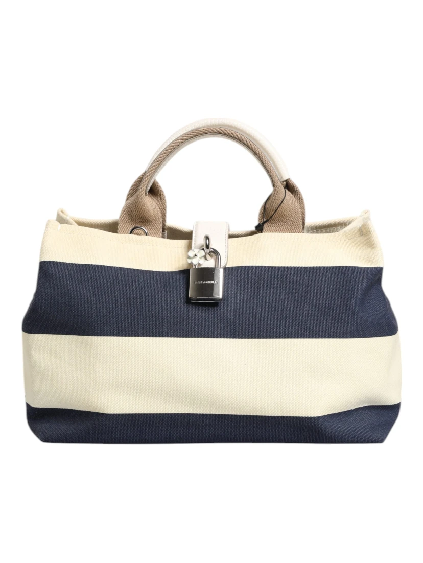 White Navy Striped Canvas Top Handle Tote Bag