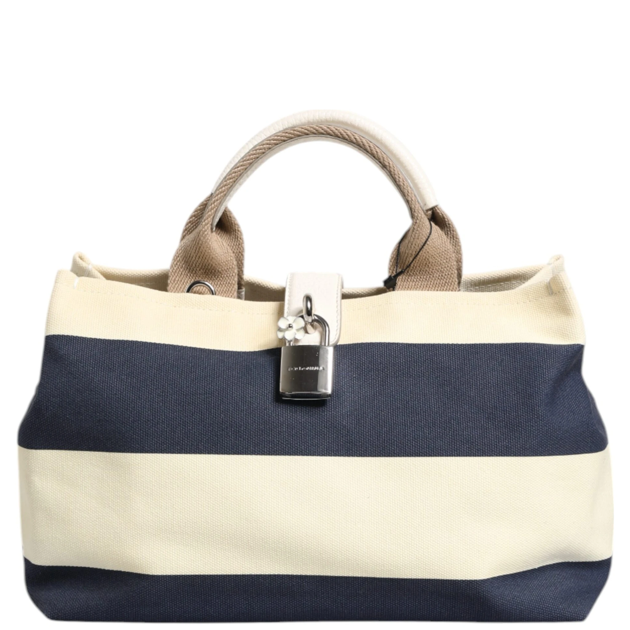 White Navy Striped Canvas Top Handle Tote Bag