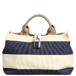 White Navy Striped Canvas Top Handle Tote Bag