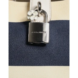 White Navy Striped Canvas Top Handle Tote Bag