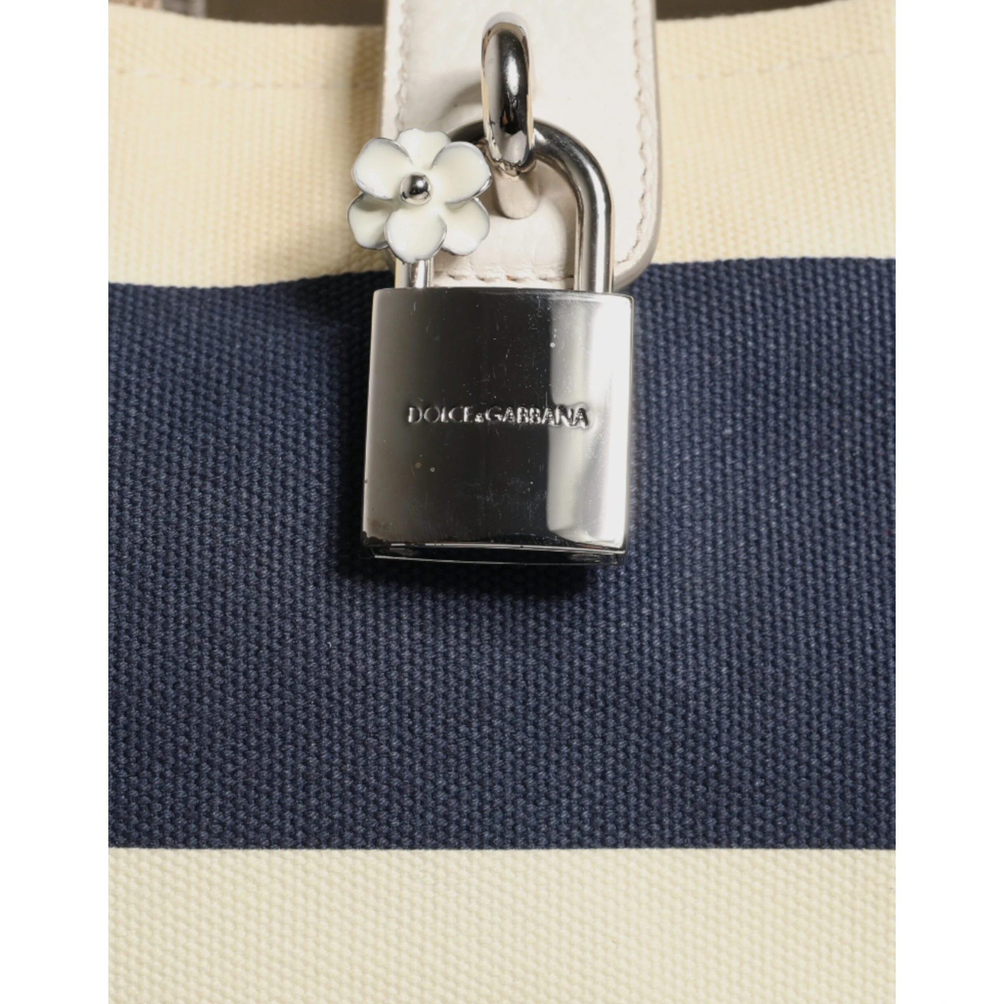 White Navy Striped Canvas Top Handle Tote Bag