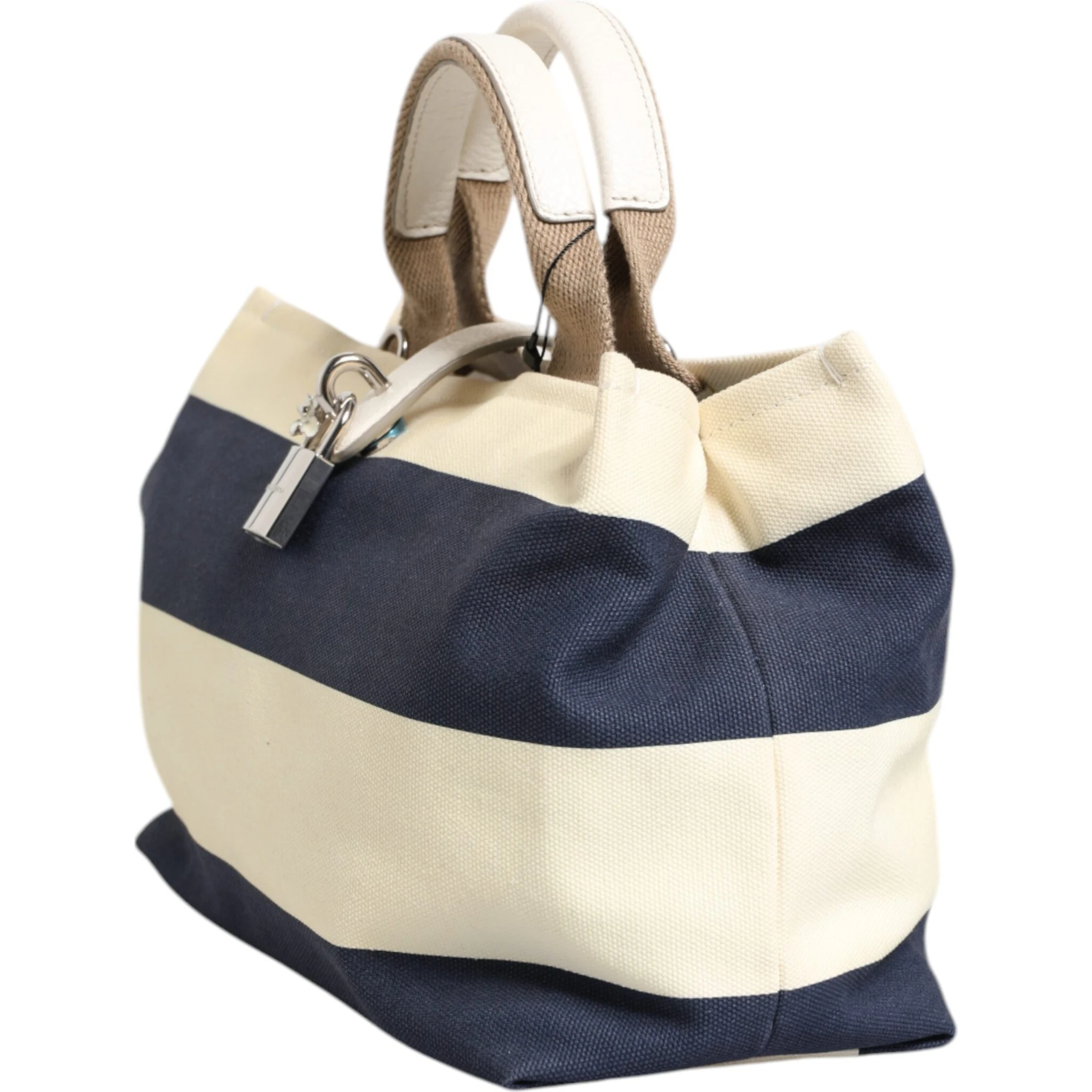 White Navy Striped Canvas Top Handle Tote Bag