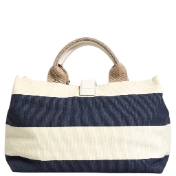 White Navy Striped Canvas Top Handle Tote Bag