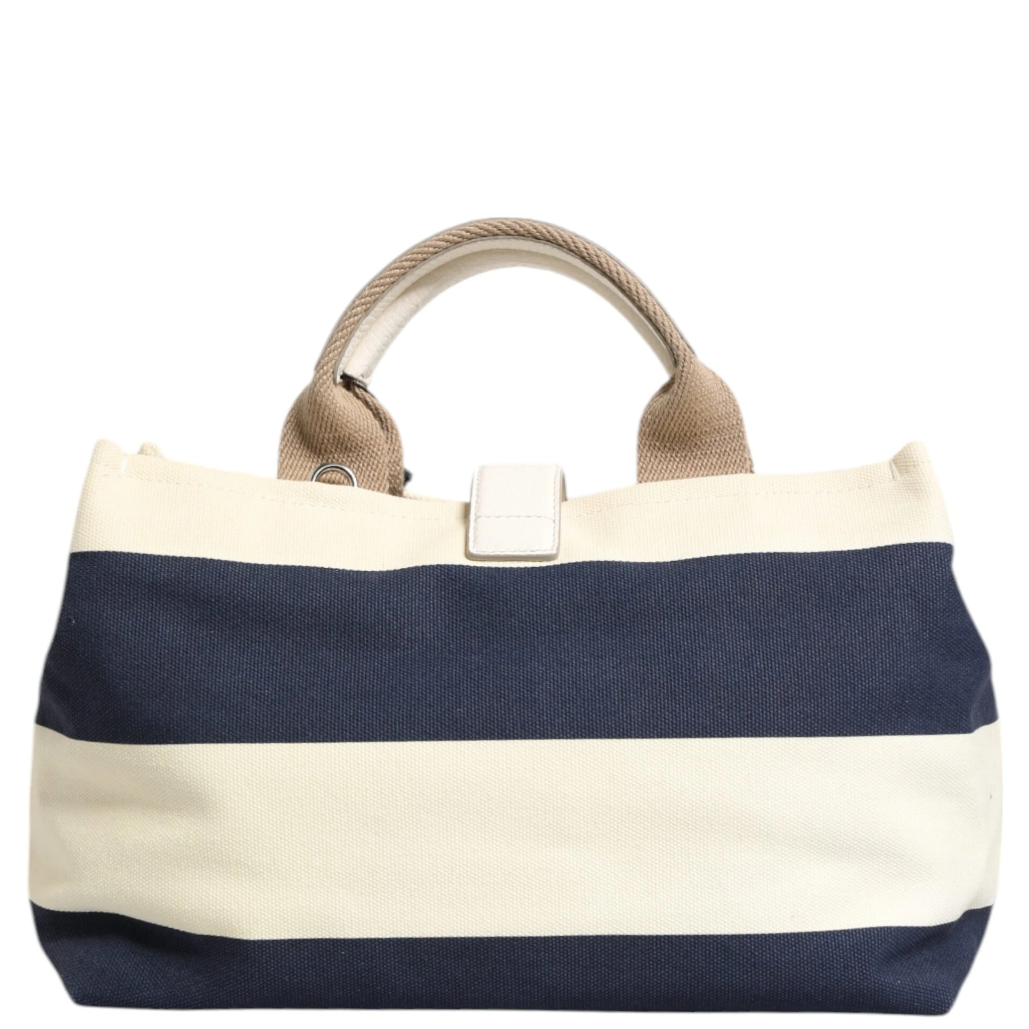 White Navy Striped Canvas Top Handle Tote Bag