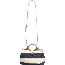 White Navy Striped Canvas Top Handle Tote Bag