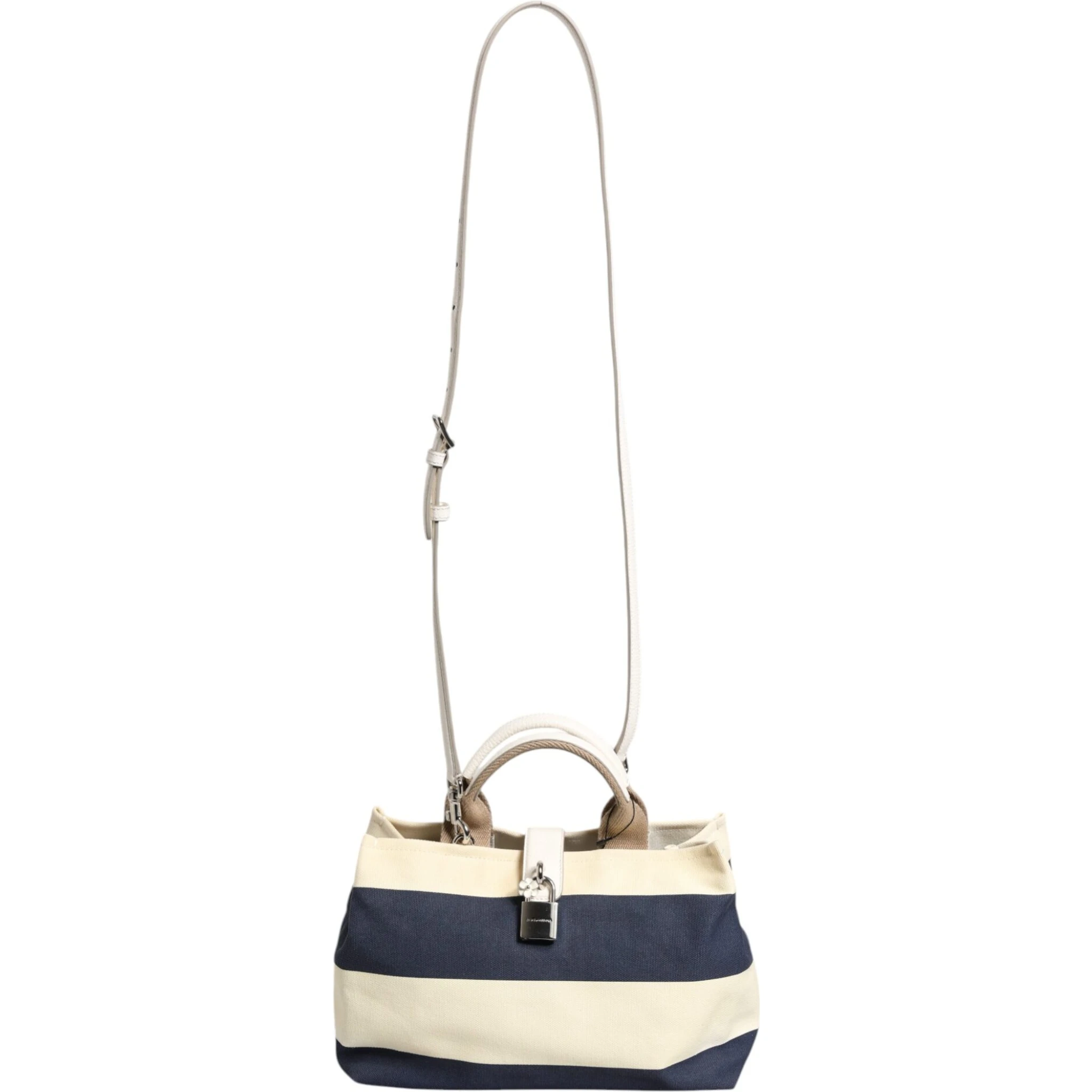 White Navy Striped Canvas Top Handle Tote Bag