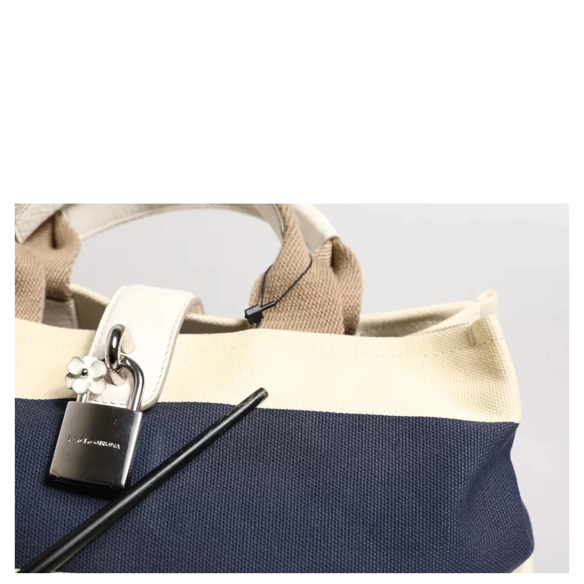 White Navy Striped Canvas Top Handle Tote Bag