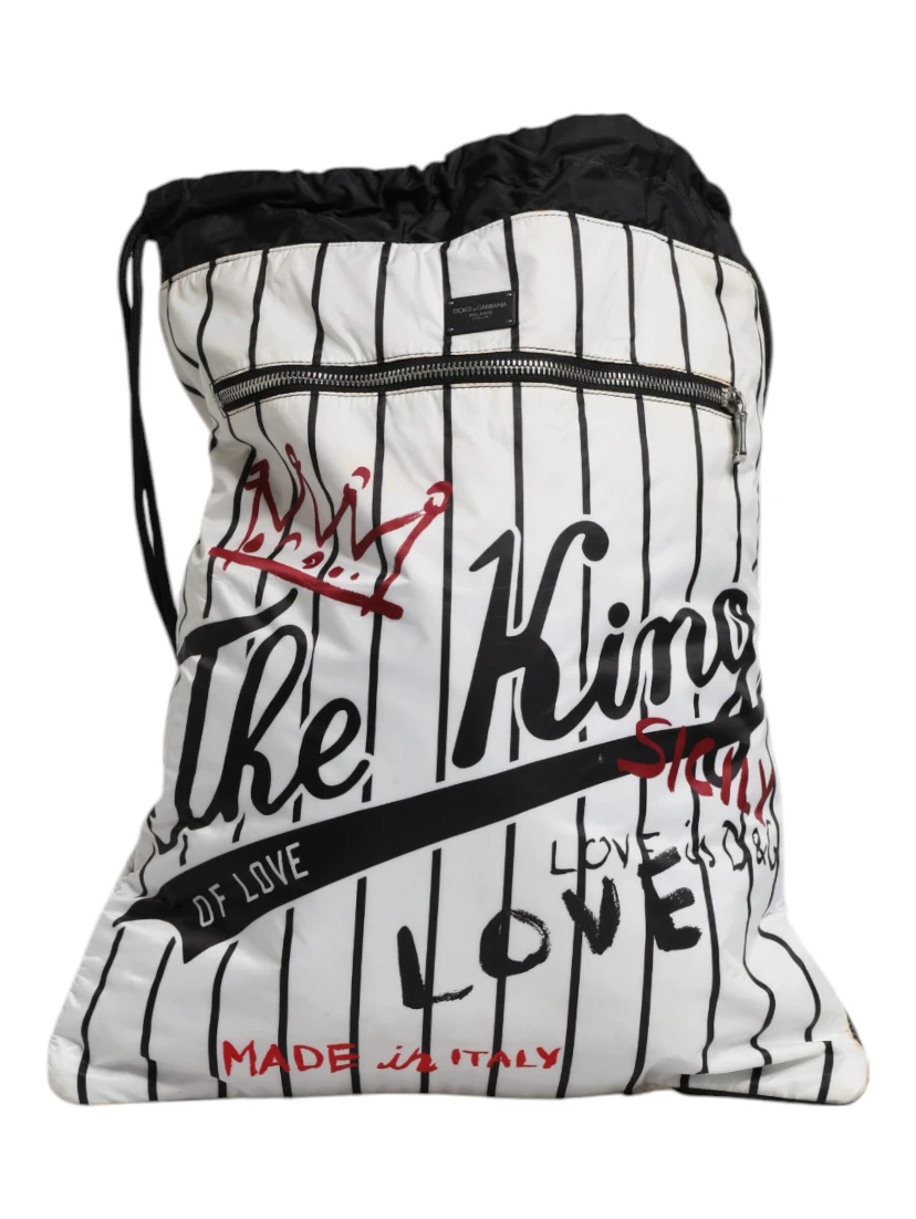 Black White Striped Polyester Drawstring Backpack Bag