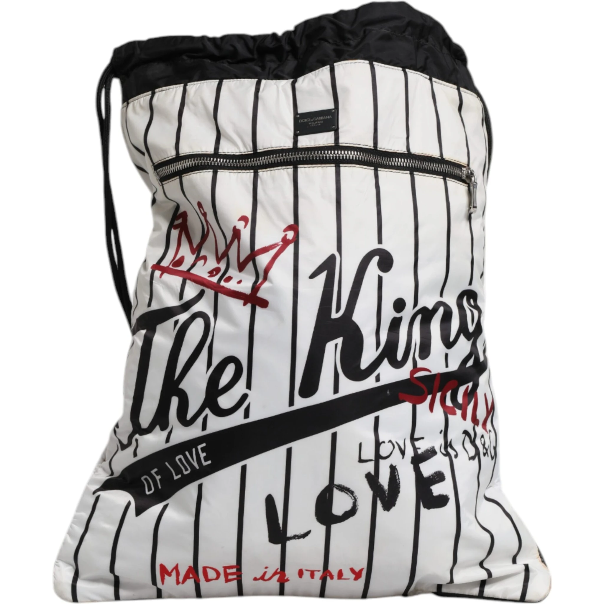 Black White Striped Polyester Drawstring Backpack Bag