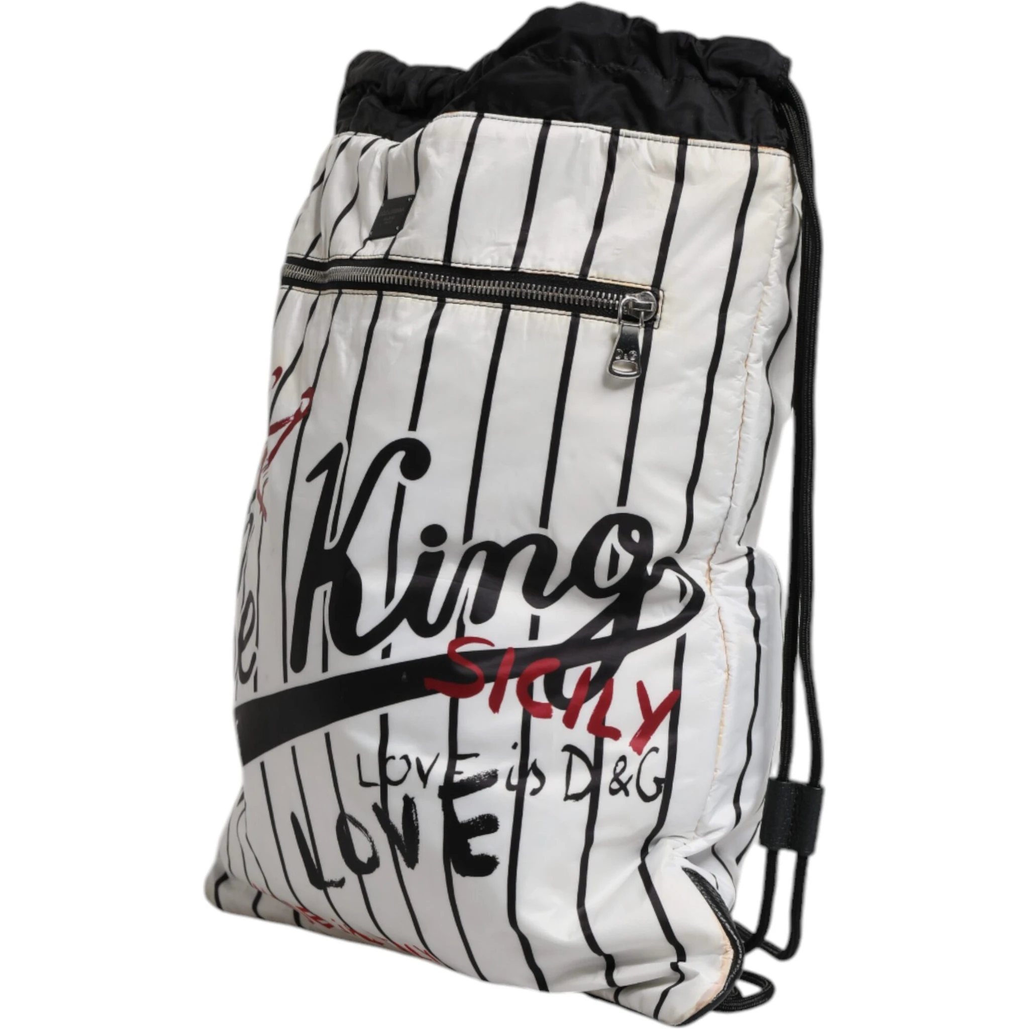 Black White Striped Polyester Drawstring Backpack Bag