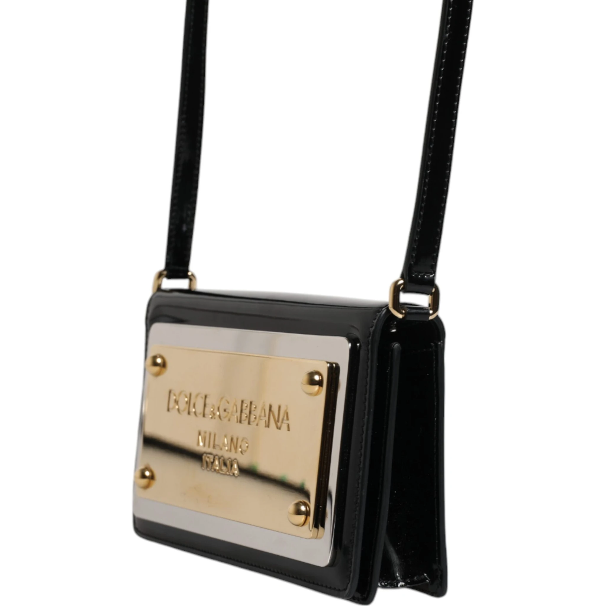 Black Patent Leather Logo Plaque Crossbody Bag