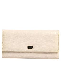 Beige Leather Trifold Logo Plaque Card Holder Wallet