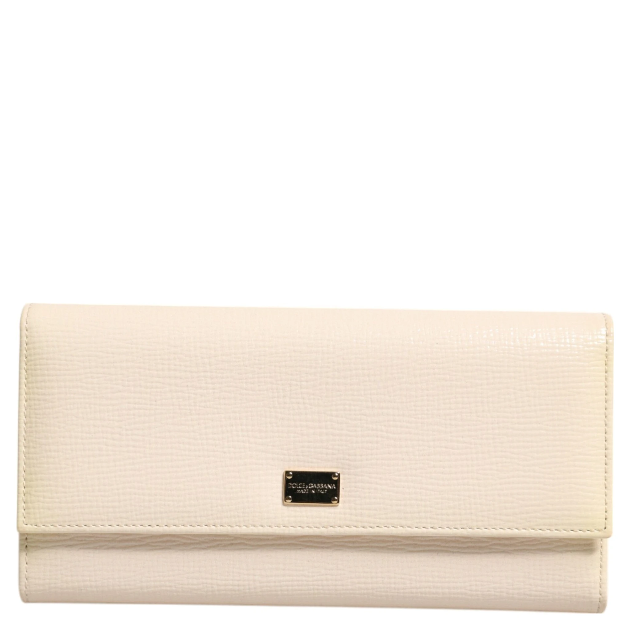 Beige Leather Trifold Logo Plaque Card Holder Wallet