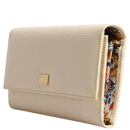 Beige Leather Trifold Logo Plaque Card Holder Wallet