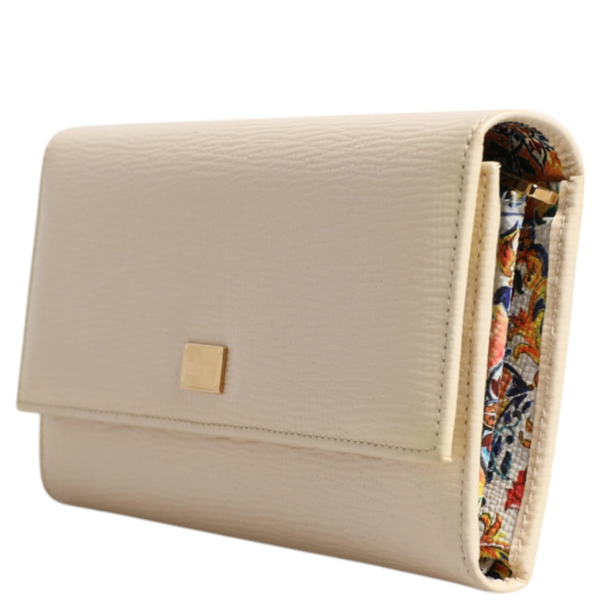 Beige Leather Trifold Logo Plaque Card Holder Wallet