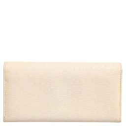 Beige Leather Trifold Logo Plaque Card Holder Wallet