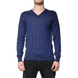Navy Blue Cashmere V-neck Pullover Sweater
