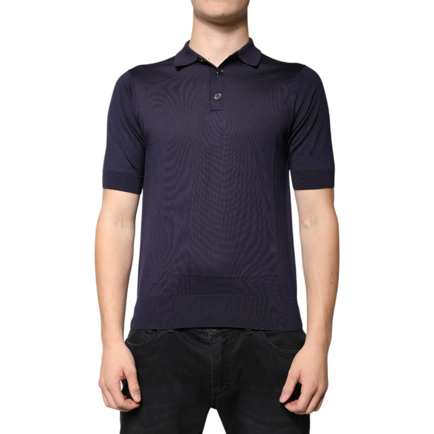 Blue Silk Collared Short Sleeves Polo T-shirt