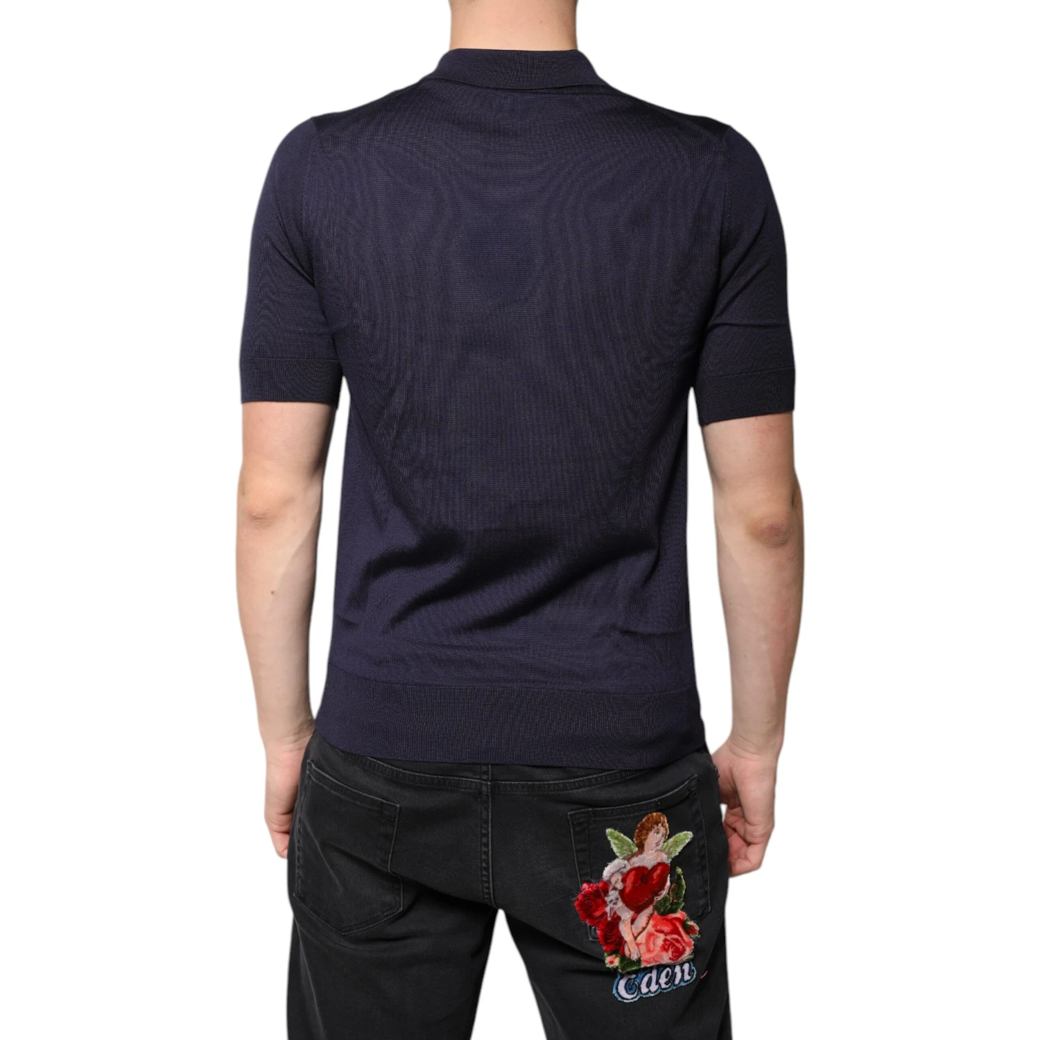 Blue Silk Collared Short Sleeves Polo T-shirt
