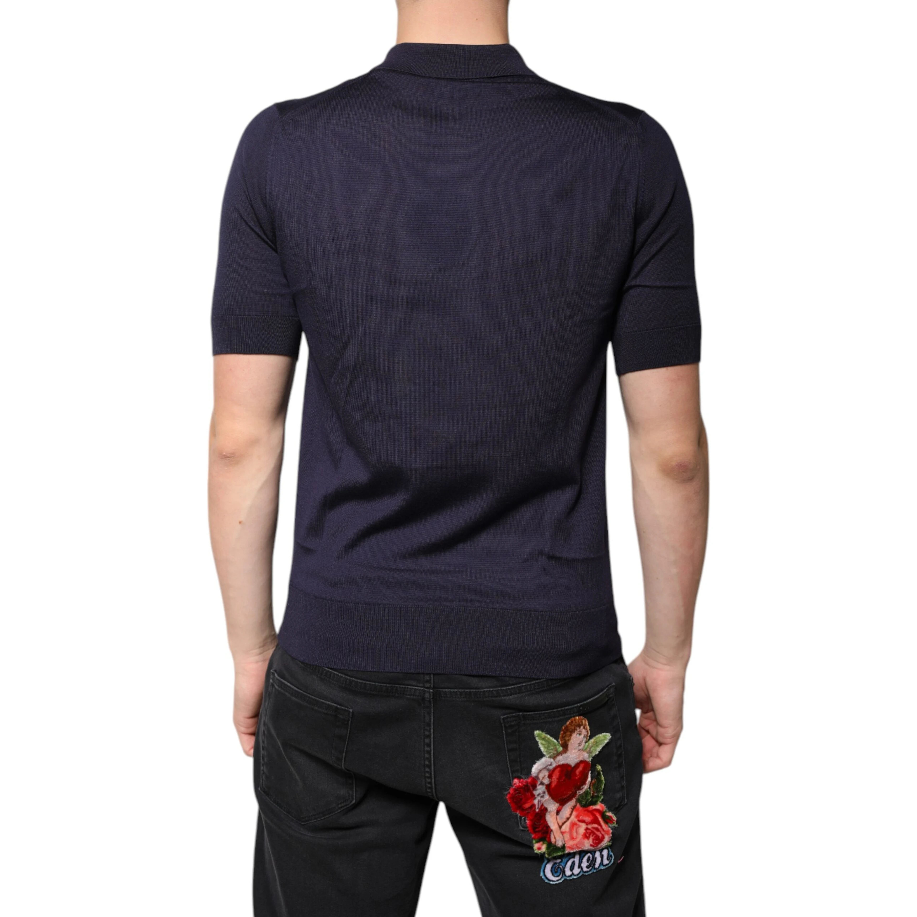 Blue Silk Collared Short Sleeves Polo T-shirt