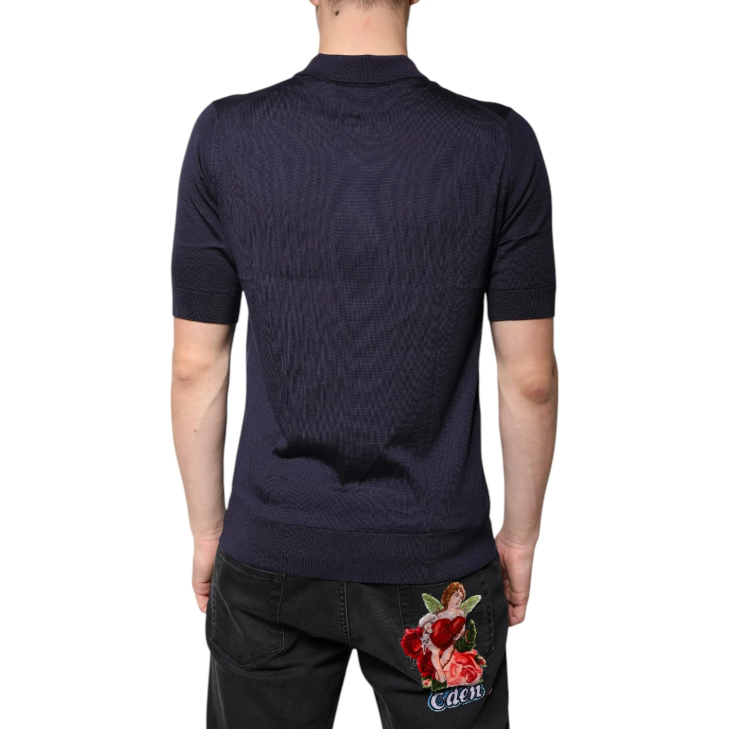Blue Silk Collared Short Sleeves Polo T-shirt