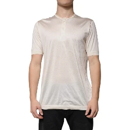 Off White Silk Crew Neck Henley T-shirt