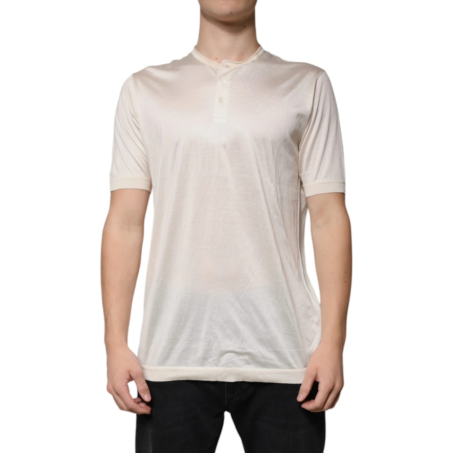 Off White Silk Crew Neck Henley T-shirt