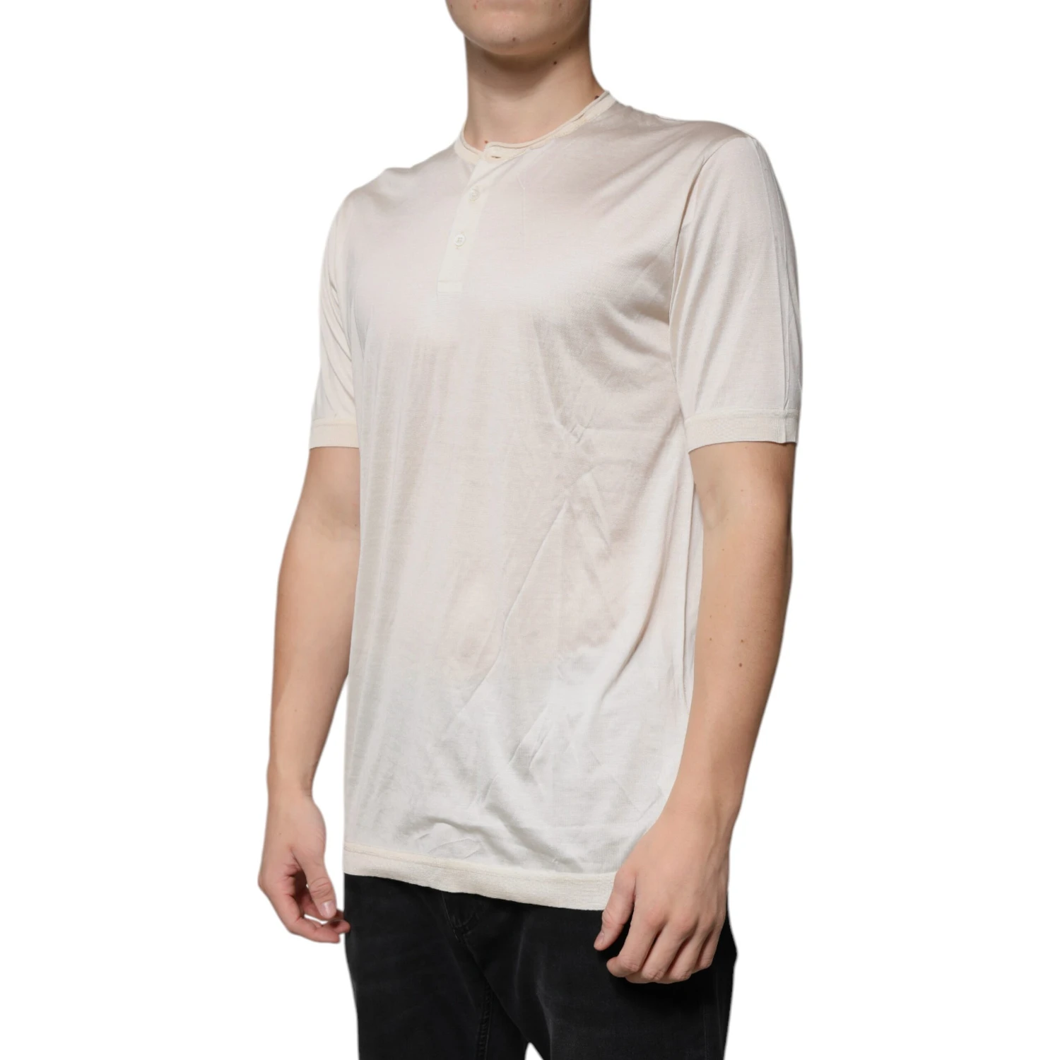 Off White Silk Crew Neck Henley T-shirt
