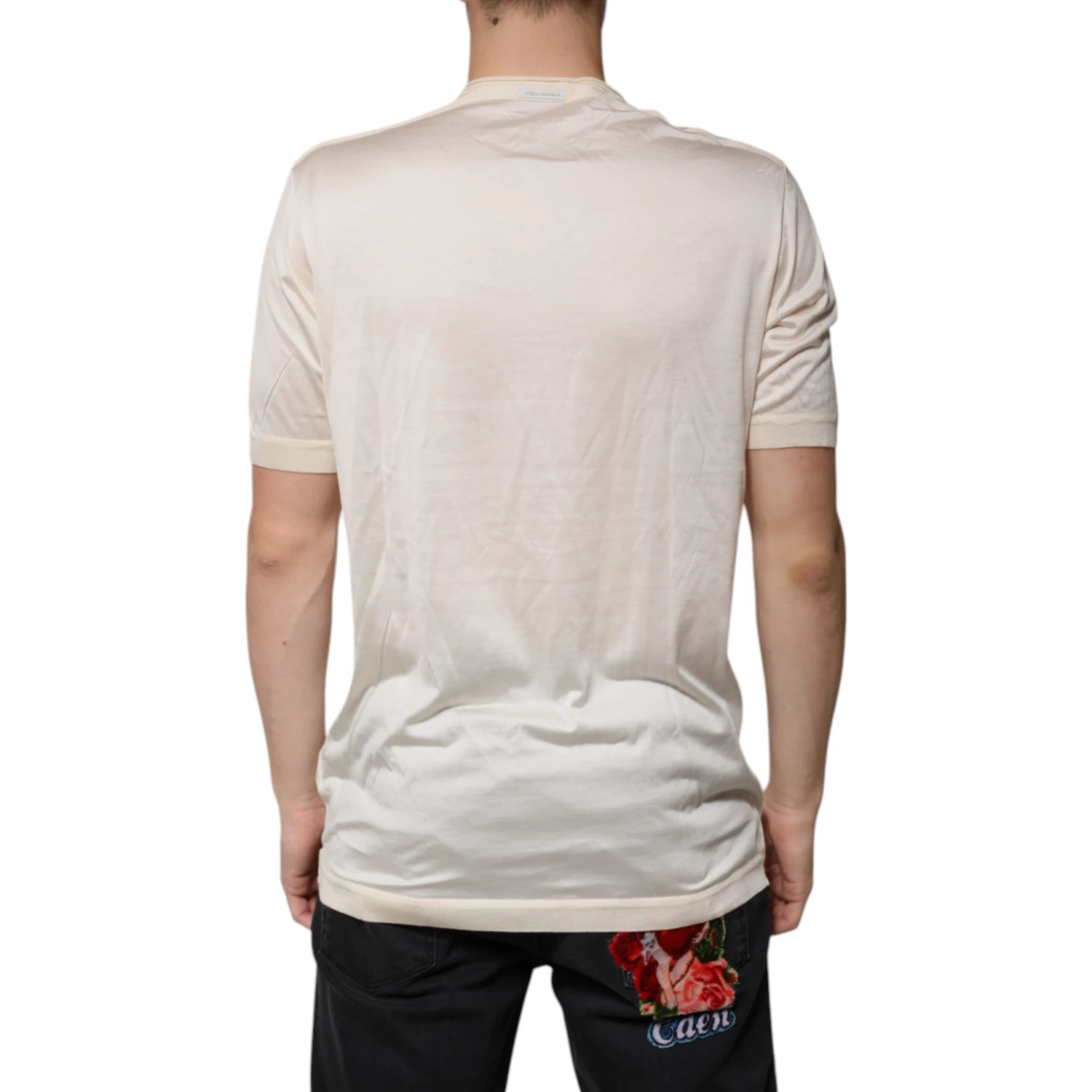 Off White Silk Crew Neck Henley T-shirt