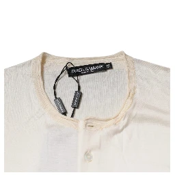 Off White Silk Crew Neck Henley T-shirt