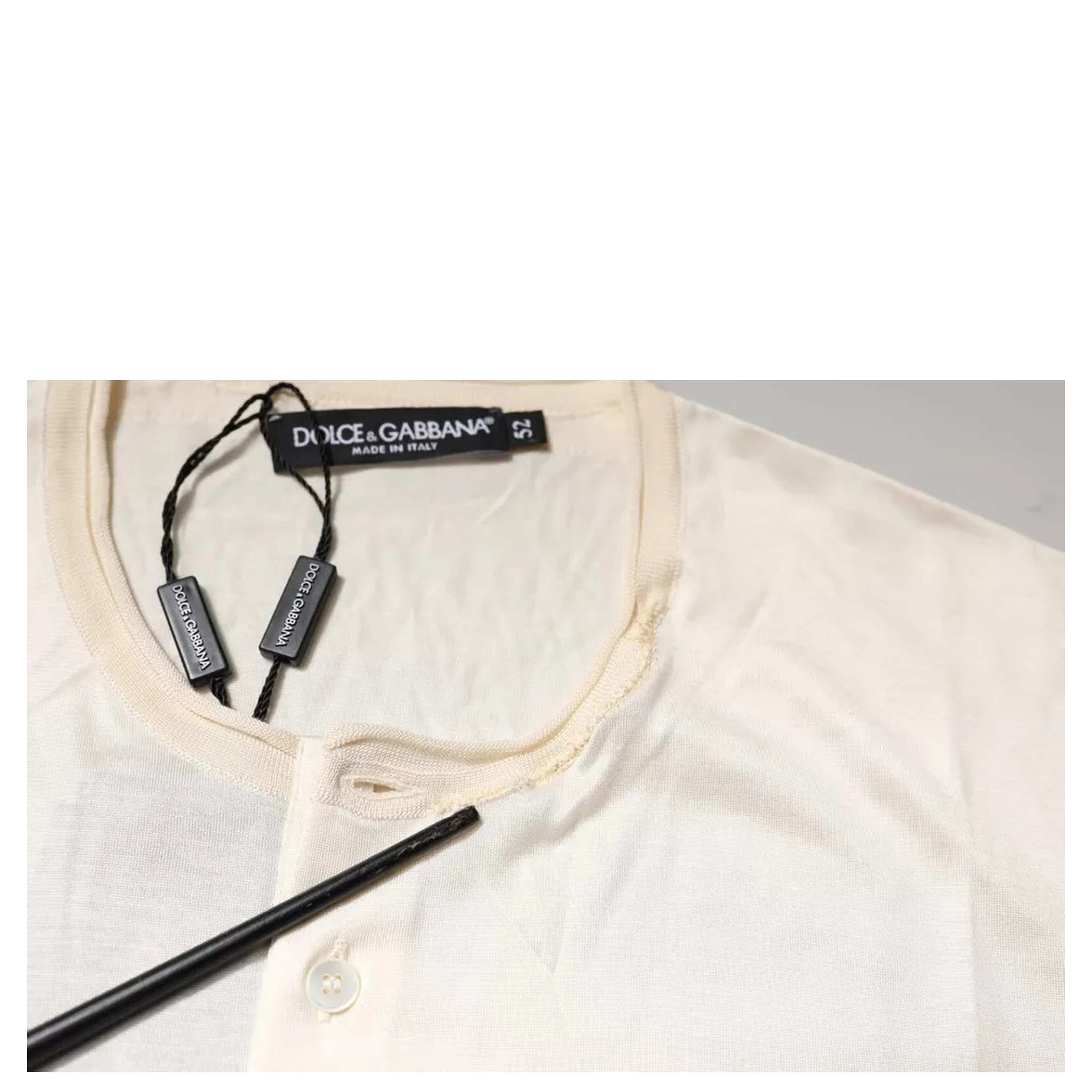 Off White Silk Crew Neck Henley T-shirt