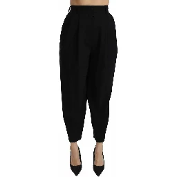 Black Wool High Waist Pleat Front Cropped Pants