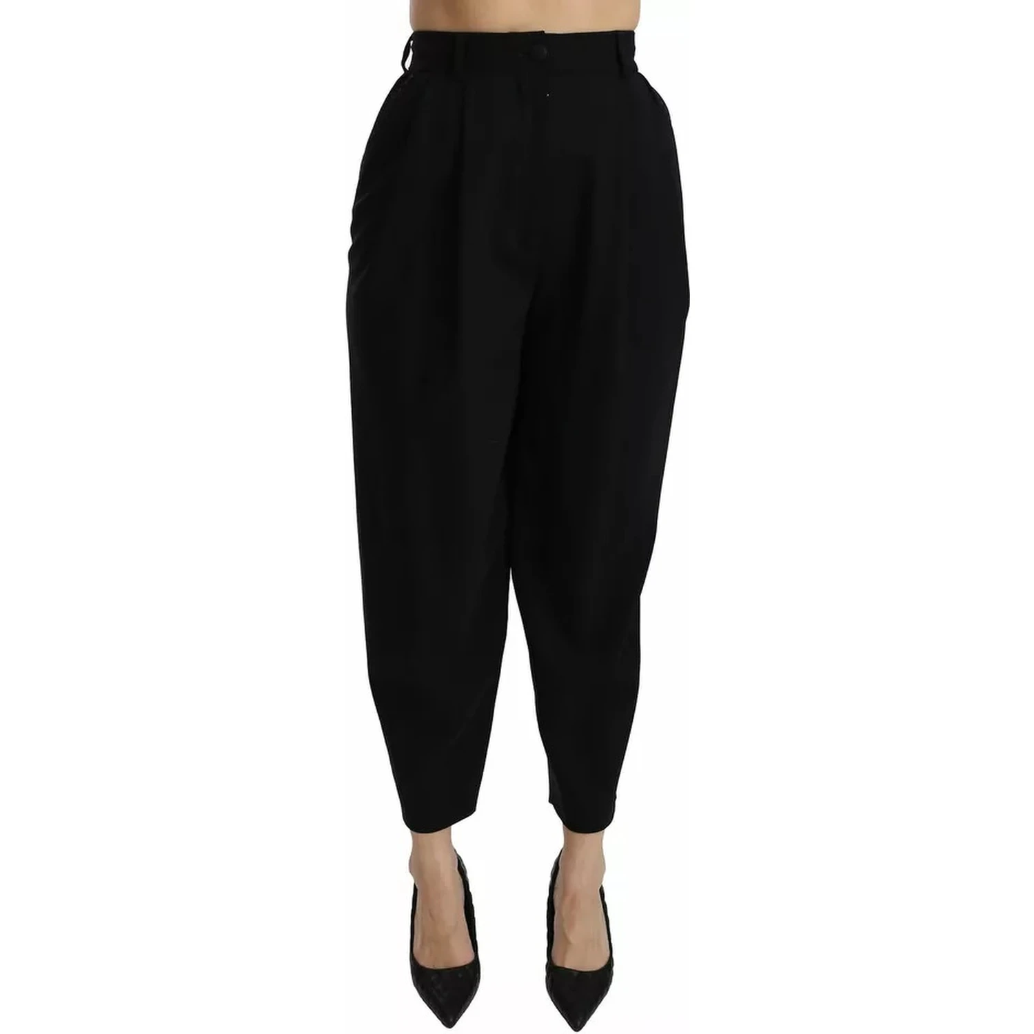 Black Wool High Waist Pleat Front Cropped Pants