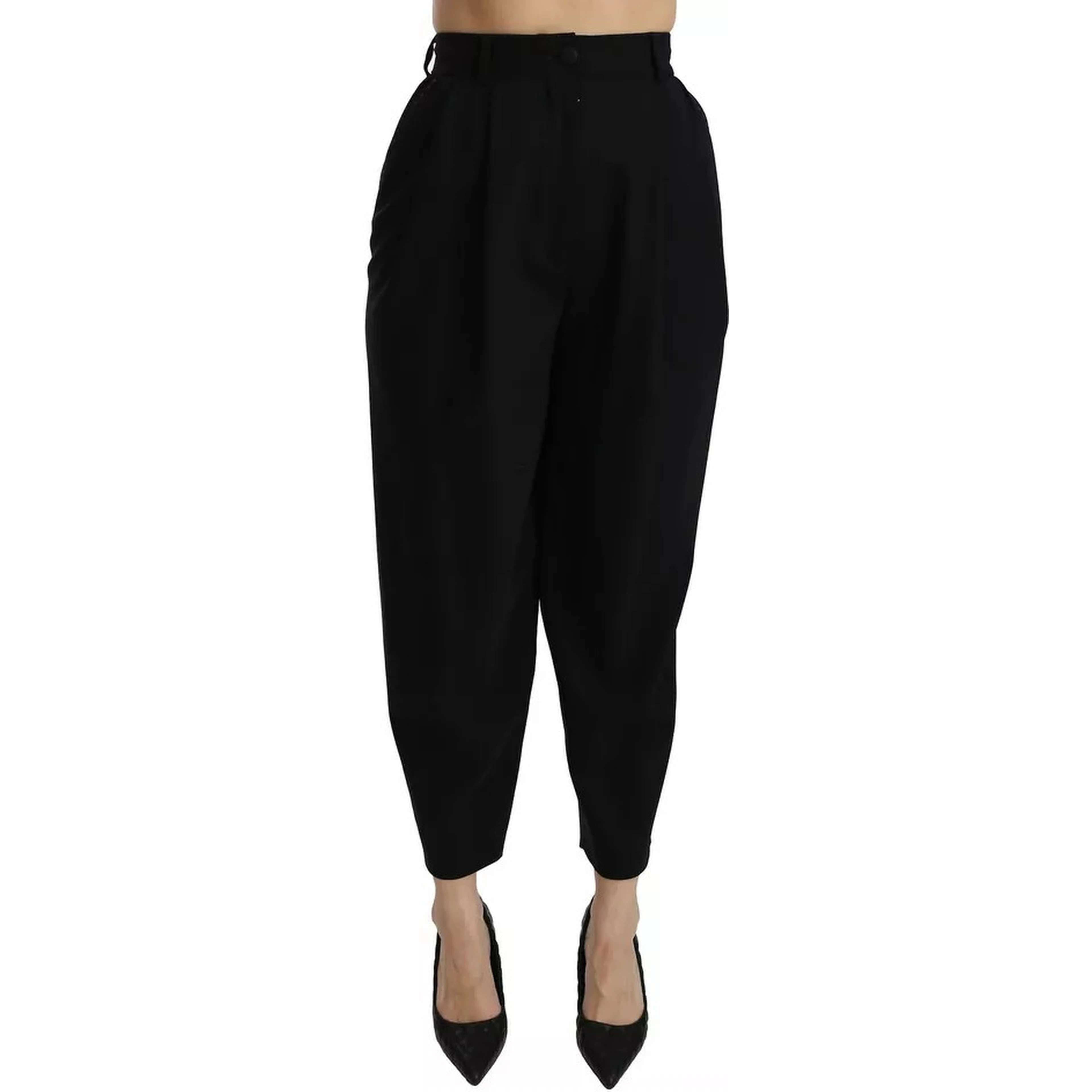Black Wool High Waist Pleat Front Cropped Pants